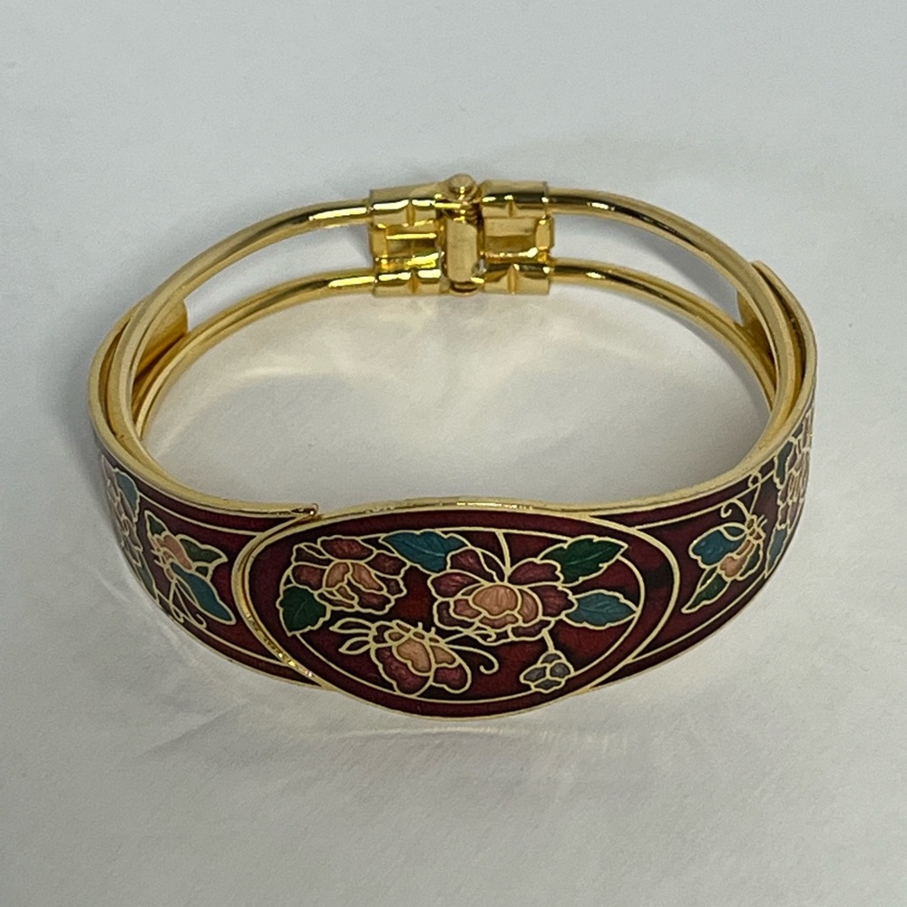Gold Tone Multicolor Cloisonné Enamel Floral  Hinged Fashion Bracelet
